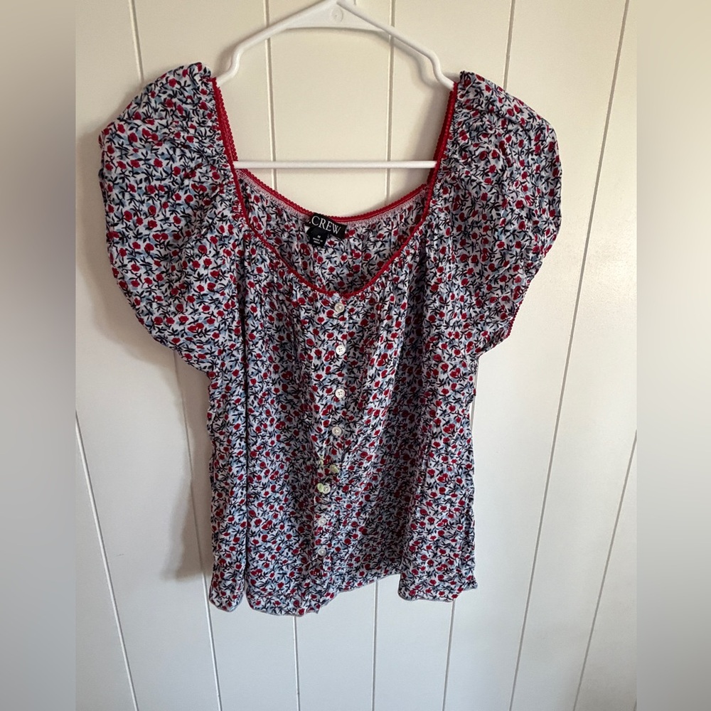 J. Crew Red and White Floral Button-Front Puff Sleeve Blouse